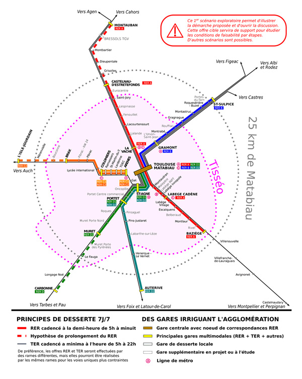 Carte de l'étoile ferroviaire pour le RER toulousain ou SERM
